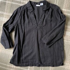 Sigrid Olsen 3/4 sleeve black linen split neck tunic top L